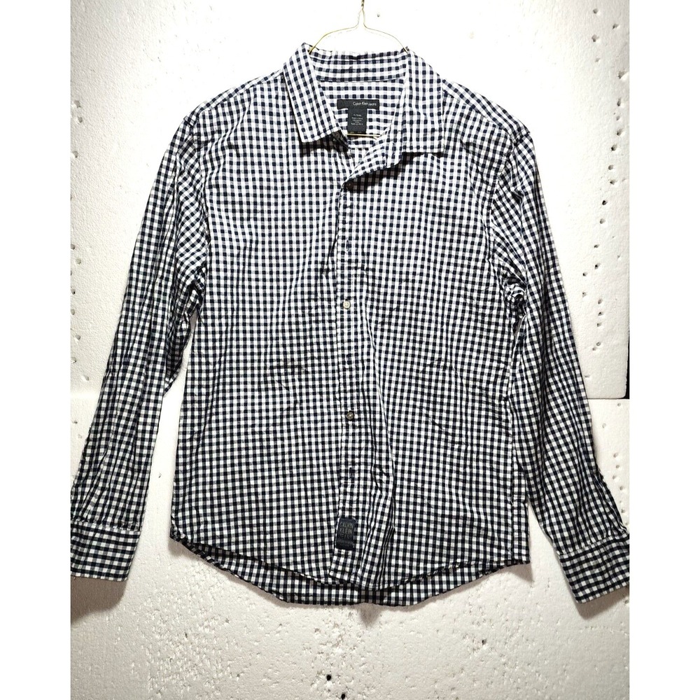 Calvin Klein Jeans Shirt Mens XL Black White Plaid Casual Button Up Long Sleeve